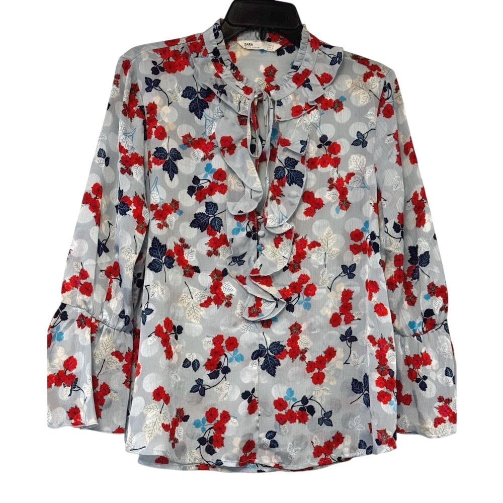 Zara‎ Z1975 Denim Floral Ruffle Tie Neck Bell Sleeve Blouse Blue Red Medium